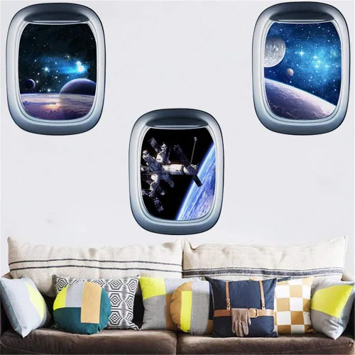 Vista 4 de Adhesivos de pared 3D de cápsula espacial para ventana, universo, espacio exterior, despegar y pegar, calcomanía de astronauta extraíble