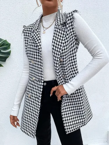 Vista 3 de WDIRARA Chaqueta larga con estampado de pata de gallo para mujer, sin mangas, con solapa, ribete sin procesar, con botones en la parte delantera