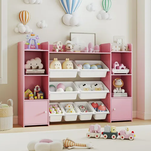 Vista 2 de HONEY JOY Organizador de almacenamiento de juguetes para niños, armario de almacenamiento de piso de madera con 8 contenedores extraíbles, estante