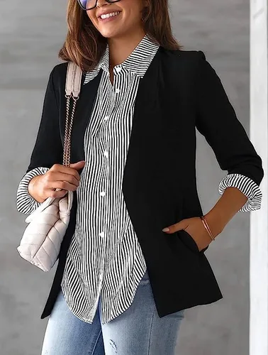Vista 3 de Cugoodte Camisas de manga larga para mujer, con botones, a rayas, para oficina, negocios, trabajo, blusas con bolsillo