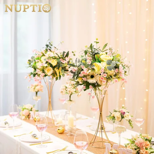 Vista 4 de NUPTIO 2 centros de mesa de boda para mesas, jarrón de trompeta de metal de 19.7 pulgadas de alto, jarrones dorados para centros de mesa, estante