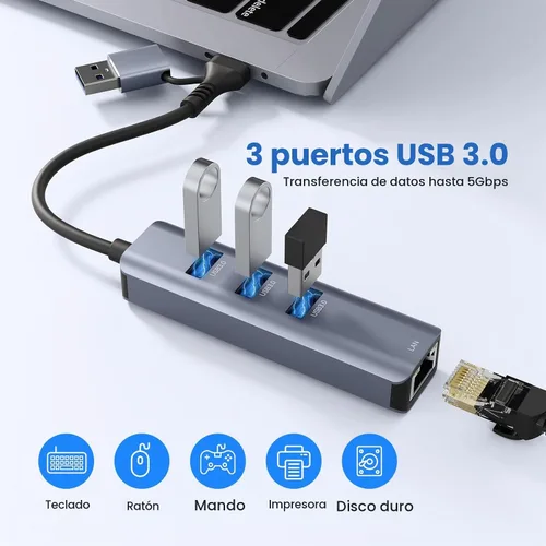 Vista 4 de Adaptador USB a Ethernet, ABLEWE Adaptador de Red USB 3.0/USB C a RJ45 Gigabit LAN (1000Mbps), Compatible con MacBook/Pro/Air, iPhone 15/16 Pro/Max