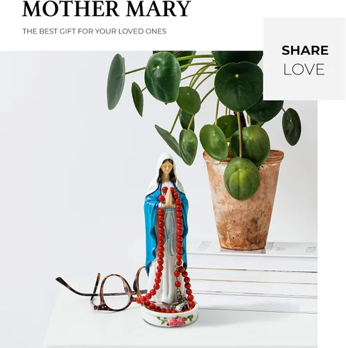 Vista 4 de Estatua de soporte para rosario de Virgen María, 8 pulgadas, decoración católica de Madonna Blessed Mother Mary, regalo de rosario para mujeres