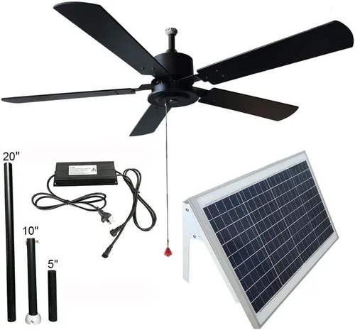 Vista 5 de Ventilador de techo solar para exteriores de 52 pulgadas con aspas de madera, panel solar total de 60 W para porches, patios, cenadores, pasarelas