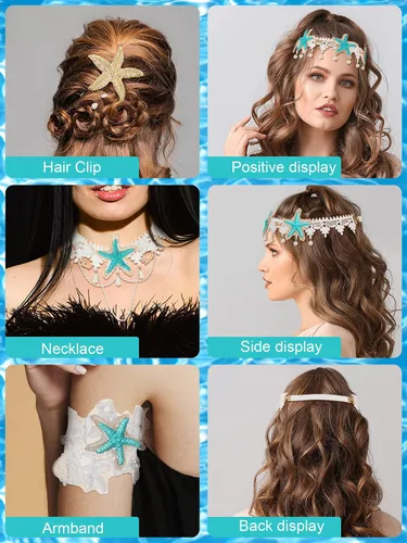 Vista 4 de Dingion 6 accesorios para el cabello de sirena, diadema de concha de estrella de mar, collar de estrella de mar, pulsera de brazo de sirena, clip