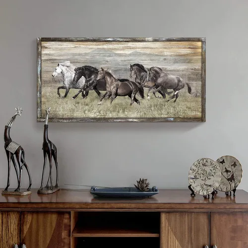 Vista 4 de Cuadro de caballos de madera para decoración de pared: pintura moderna de animales de caballo de vida silvestre sobre arte de pared de madera