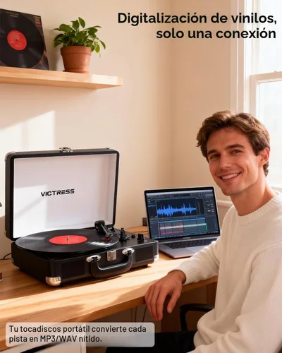 Vista 6 de Tocadiscos de vinilo con entrada y salida Bluetooth, tocadiscos portátil vintage de maleta, tocadiscos LP de 3 velocidades con conversión de vinilo