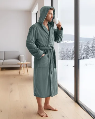 Vista 5 de NY Threads Bata de baño con capucha para hombre, de felpa de lujo, con capucha, bata de baño de spa para hombre