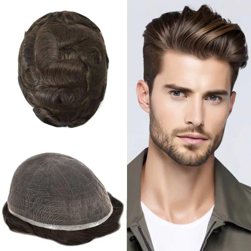 Vista 57 de Peluca de cabello humano con encaje completo, línea capilar real, para hombre, peluca de cabello con nudo blanqueado, pieza de pelo para hombres