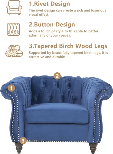 Vista 4 de QHITTY Juego de 2 piezas para sala de estar, Silla Sofá Seccional Chesterfield Contemporáneo Tapizado de Terciopelo Loveseat Juegos de Sofá para Azul