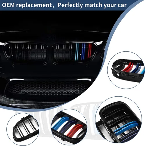 Vista 6 de Rejilla F10, parrilla frontal negra compatible con BMW 2010-2017 5 Series F10 F11 F18 M5 528i 535d 535i 550i, M Color Double Slats