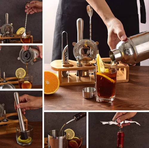 Vista 4 de Juego de coctelera de camarero: juego de herramientas de barra de 12 piezas con soporte de bambú Juego de bar con todos los accesorios prácticos