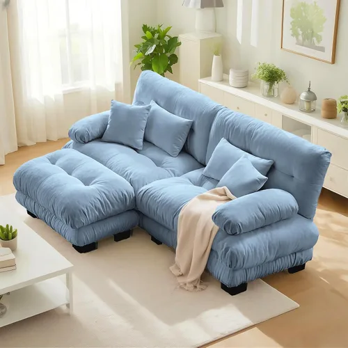 Vista 23 de SoarFlash Moderno sofá reclinable de terciopelo para sala de estar, sofá biplaza para apartamento, sofá de almacenamiento con marco de madera Azul