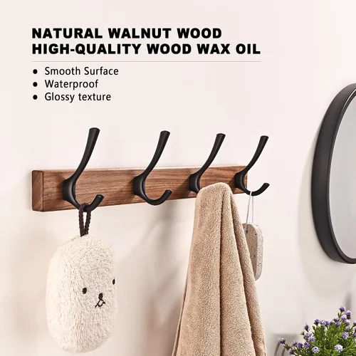 Vista 2 de Perchero de pared pequeño de madera de nogal de 17.3 pulgadas con 4 ganchos, colgador de chaquetas de madera resistente montado en puerta