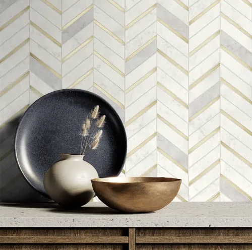 Vista 7 de NextWall Chevron - Papel tapiz de mármol sintético para despegar y pegar (oro metálico y gris perla)