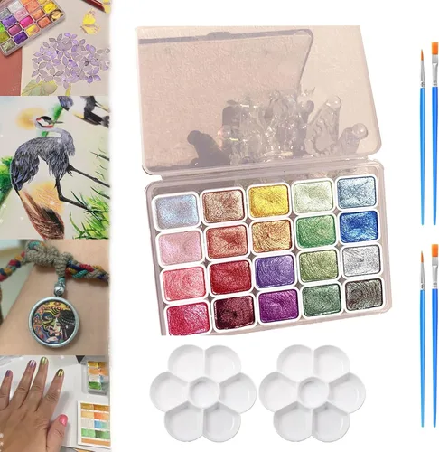 Vista 7 de Juego de pintura de acuarela de 20 colores, juego de pintura de acuarela metálica, pintura de acuarela nacarada, pintura de acuarela con purpurina