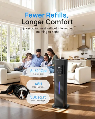 Vista 3 de Humidificadores de niebla cálida y fría para dormitorio, 500 pies cuadrados, humidificador de llenado superior de 2.1 galones/8L, habitación grande