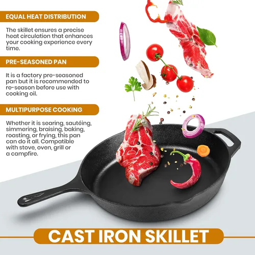 Vista 4 de Utopia Kitchen Sartén de Saltear y Freír de Hierro Fundido Pre-Sazonada con Tapa, Sartén, Olla de Hierro Fundido, Utensilios de Cocina Seguros
