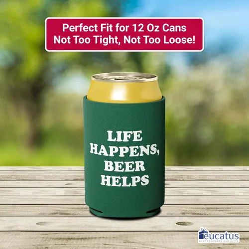 Vista 5 de Divertido soporte plegable de neopreno para bebidas, 1 pieza, fundas para bebidas con cita mordaza, Life Happens, Beer Helps. Enfriador de bebidas