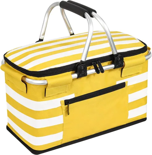 Vista 11 de Cesta de picnic aislada, bolsa enfriadora plegable, cesta de comestibles de 32 litros con tapa, 2 asas resistentes, cesta de almacenamiento