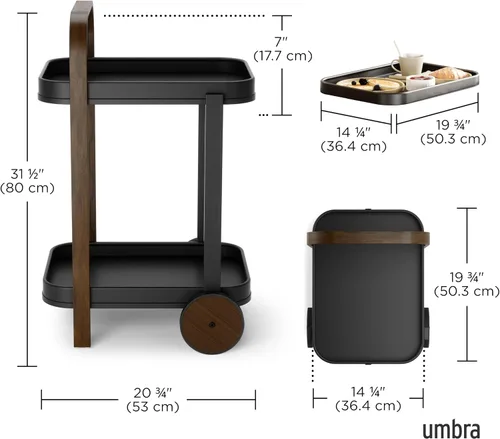 Vista 3 de Umbra Bellwood - Carrito de bar, carrito para servir, mesa auxiliar, nogal/negro