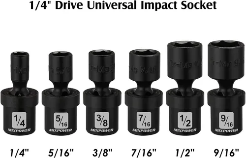 Vista 2 de MIXPOWER Juego de 6 piezas de enchufe de impacto universal poco profundo de 1/4" Drive SAE, 1/4" - 9/16", enchufe giratorio con oscilación flexible
