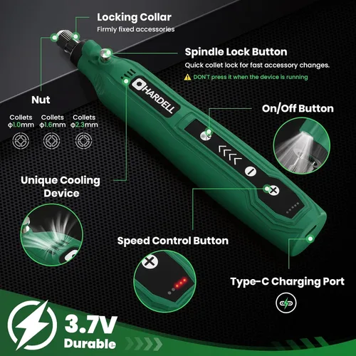 Vista 2 de HARDELL Mini herramienta giratoria inalámbrica, 5 velocidades USB-C 69 piezas kit para manualidades de bricolaje