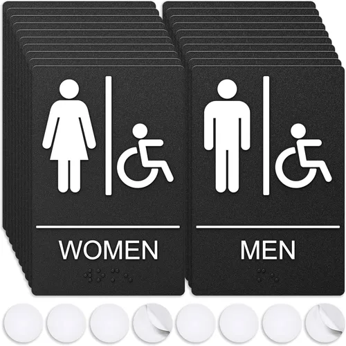 Vista 8 de Letreros de baño, letrero de baño para negocios, para hombres y mujeres, 9 x 6 pulgadas, cumple con la ADA con Braille, adhesivos fuertes de doble
