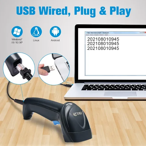 Vista 6 de OBZ Escáner de código de barras 2D con cable de mano, lector de código de barras USB, escáner automático de código QR con chip de 32 bits