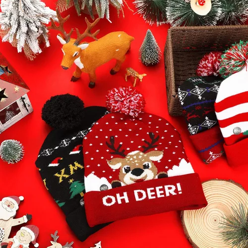 Vista 7 de Geyoga Sombrero de suéter de Navidad con luces LED, gorro de punto, gorro de invierno unisex