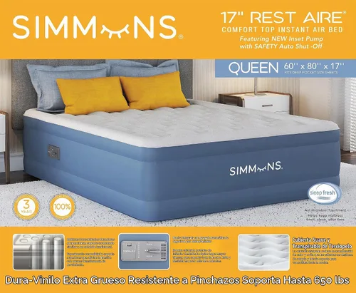 Vista 4 de Simmons Rest Aire Colchón cama de aire con bomba lateral incorporada y cubierta de terciopelo suave: Queen