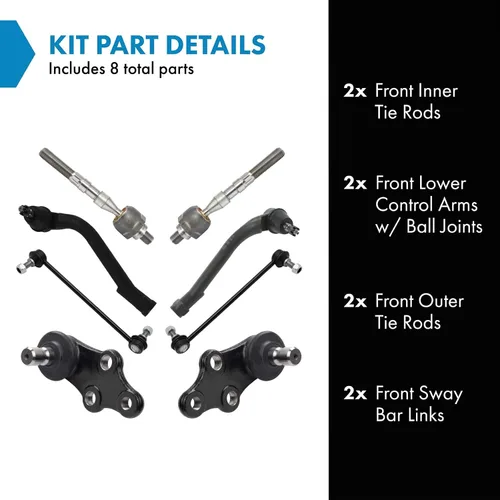 Vista 2 de Kit de dirección delantera y suspensión TRQ Junta esférica Barra estabilizadora Enlace estabilizador Varilla de tira compatible con Hyundai Tucson