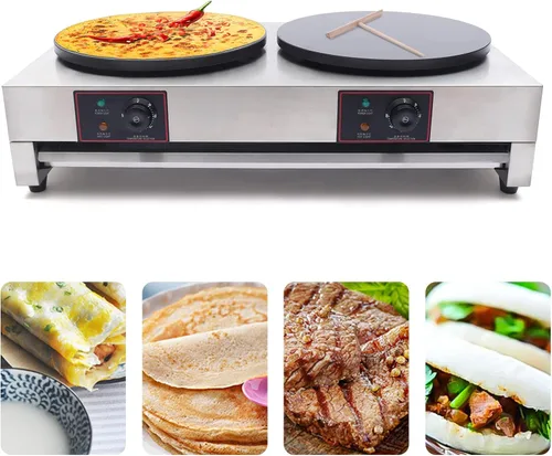 Vista 4 de Máquina de panqueques antiadherente comercial de 2 quemadores para hacer crepé, estufa de mesa 3.4KW, 110V sartén automática para panqueques