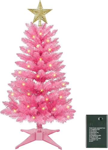 Vista 11 de Árbol de Navidad artificial pequeño de 3 pies, mini árbol de mesa Pequeño árbol de Navidad con luces, funciona con pilas, base estable, decoración