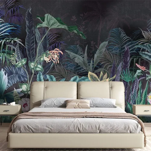 Vista 5 de Papel tapiz de bosque de selva de 151 x 105 pulgadas, papel tapiz autoadhesivo con estampado de flores tropicales de palmeras tropicales
