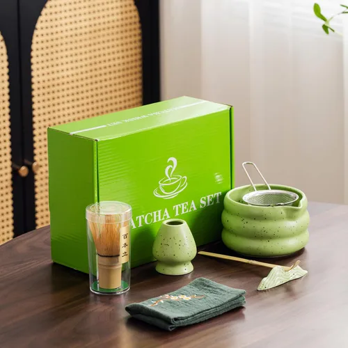 Vista 2 de Juego de té matcha japonés de 7 piezas, kit de matcha con cuenco de matcha (con boquilla de vertido), batidor de matcha, soporte para batidor Verde