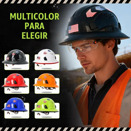 Vista 9 de Cascos de Construcción de ala completa aprobados por la OSHA con visera transparente - Casco de seguridad ANSI Z89.1 ventilado negro con correa