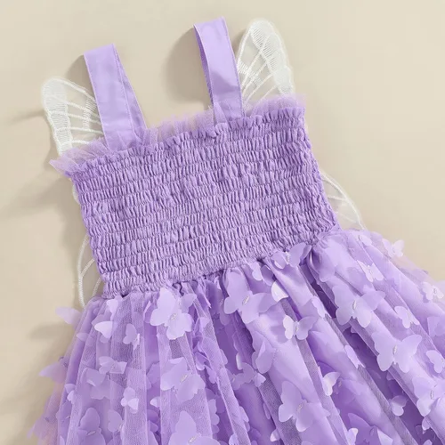 Vista 5 de Toddler Baby Girl Butterfly Dresses Solid Frill Princess Layered Sling Tulle Tutu Dress Birthday Party Casual Clothes