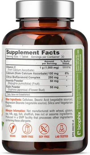 Vista 8 de biophix Vitamina C-1000 mg 30 tabletas Complejo - Vegano con calcio cítrico Bioflavonoides Acerola Rutina - Apoya la salud inmunológica