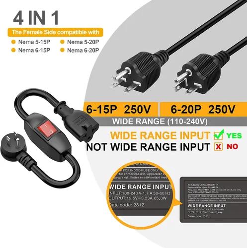 Vista 5 de Cable de extensión de interruptor de encendido/apagado 4 en uno en ángulo resistente 12-AWG 15A enchufe doméstico a 20 A T Blade Cable adaptador