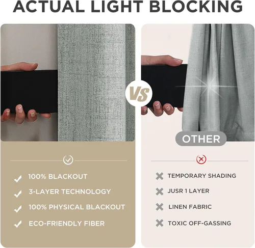Vista 5 de Joydeco - Cortinas 100 % opacas para dormitorio, cortinas de lino natural, cortinas de bloqueo de luz con aislamiento térmico, bolsillo para barra