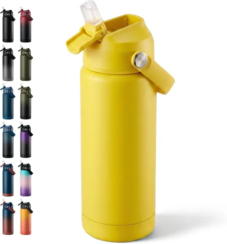 Vista 69 de Fijinhom Botella de agua aislada de 18 onzas con 2 tapas, botellas de agua de acero inoxidable, aspiradora de doble pared, mango portátil y parte
