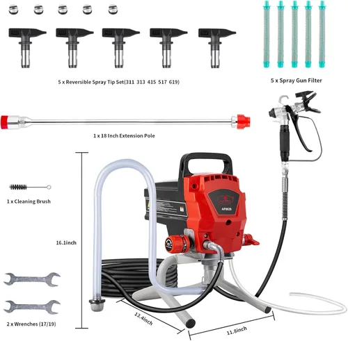 Vista 6 de AEROPRO Tools - Pulverizador de pintura sin aire, 950 W, 0.52 GPM, 3300 PSI, pulverizador sin aire de alta eficiencia con extensión de punta