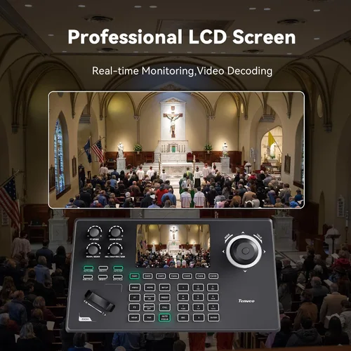 Vista 3 de Tenveo NDI PTZ Camera Controller, 5'' LCD Screen Preview, 4D Joystick, PoE IP PTZ Controller Keyboard for Church Worship Live Streaming Broadcasts