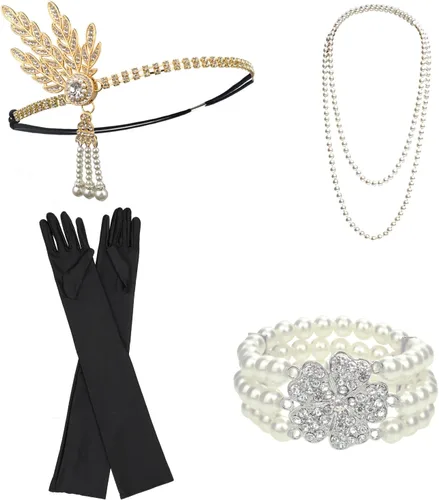 Vista 13 de DRESHOW - Juego de accesorios de El Gran Gatsby de los años 20 para mujer, diadema de flapper, tocado, guantes, disfraz, accesorios de las noches