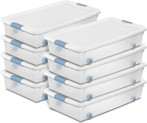 Vista 25 de Sterilite - Paquete de 12 contenedores de almacenamiento con pestillo para debajo de la cama, con tapas, de plástico transparente, 6 cuartos