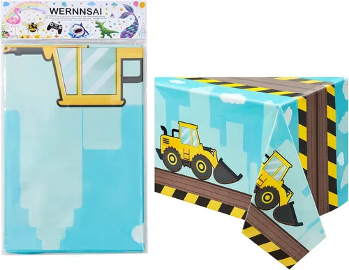 Vista 6 de WERNNSAI Mantel de construcción: 1 paquete de 108 x 54 pulgadas para mesa de camión volquete Suministros de fiesta de cumpleaños con temática