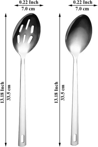Vista 2 de Kyraton Juego de cucharas de cocina de acero inoxidable, cuchara sólida, cuchara ranurada, mango resistente al calor, apto para lavavajillas, fácil