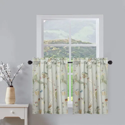 Vista 12 de Leeva Cortinas rústicas de cocina con estampado floral verde mezclado de lino para media ventana, para comedor, bolsillo para barra, cafetería