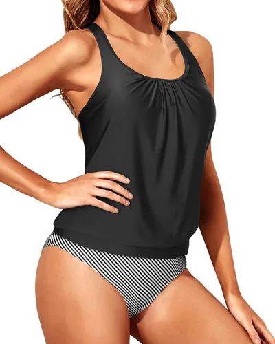 Vista 4 de Yonique Women Two Piece Tankini Blouson Swimsuit Bathing Suits Racerback Swim Tank Tops with Bottoms Tummy Control Swimwear
